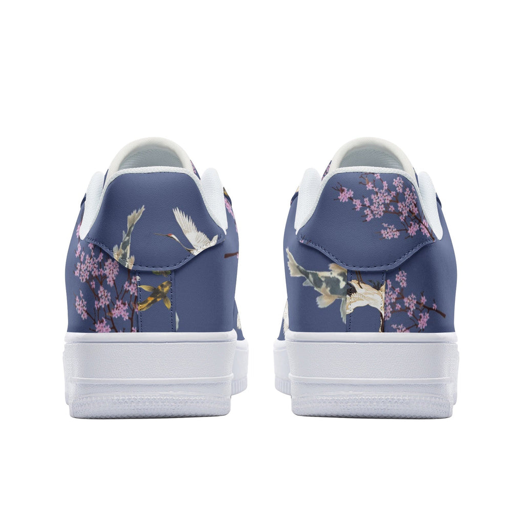 Cranes, koi fish, and cherry blossom indigo lace-up Unisex "Sakura Dreams" Low Top Leather Sneakers Shoes La Vie Bien Cranes, koi fish, and cherry blossom indigo lace-up Unisex "Sakura Dreams" Low Top Leather Sneakers