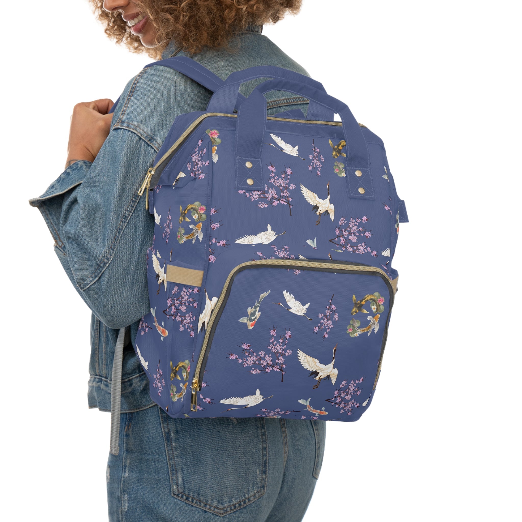 Cranes, Koi fish, and Cherry Blossoms Diaper Backpack - Japanese nature inspired diaper bag La Vie Bien Cranes, Koi fish, and Cherry Blossoms Diaper Backpack - Japanese nature inspired