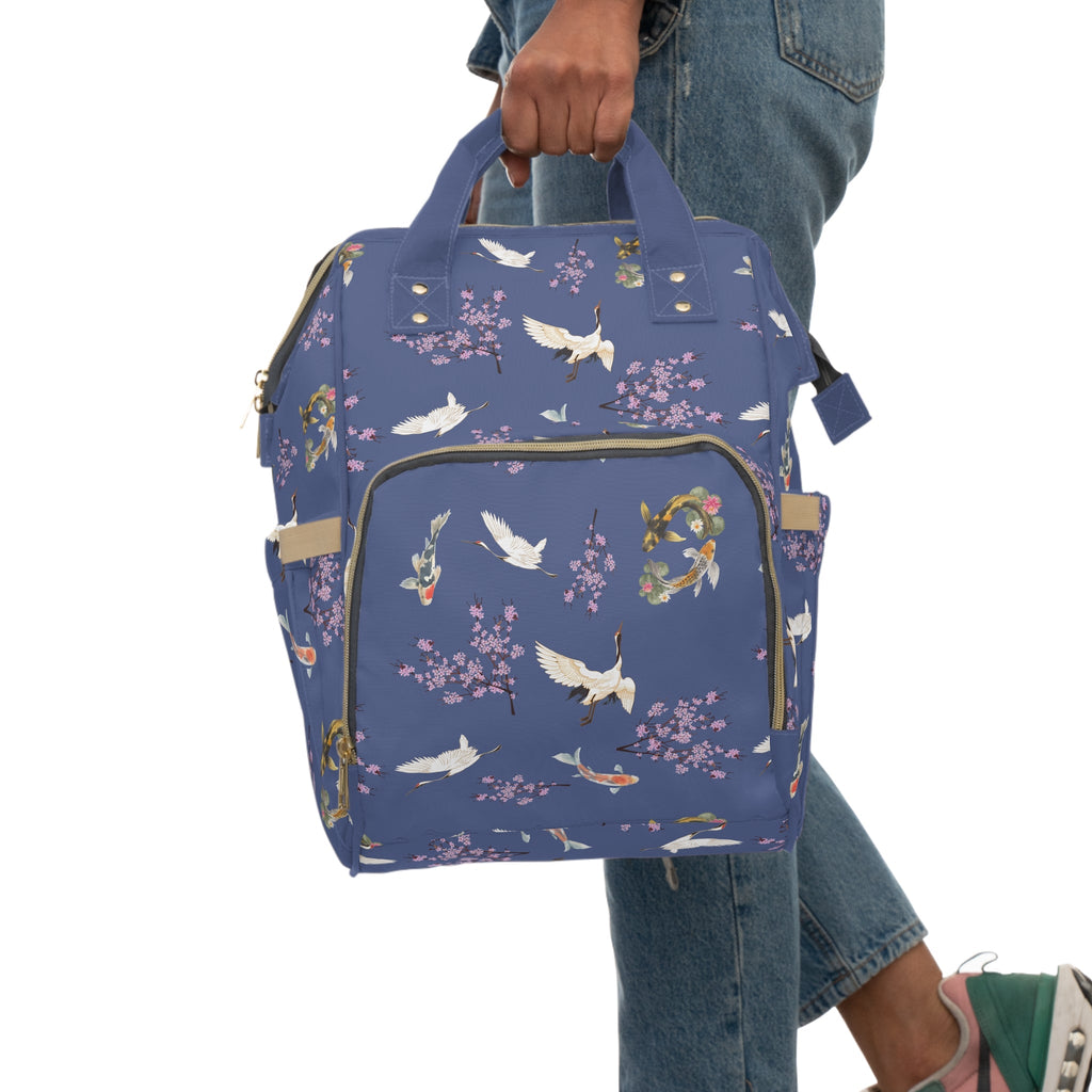 Cranes, Koi fish, and Cherry Blossoms Diaper Backpack - Japanese nature inspired diaper bag La Vie Bien Cranes, Koi fish, and Cherry Blossoms Diaper Backpack - Japanese nature inspired