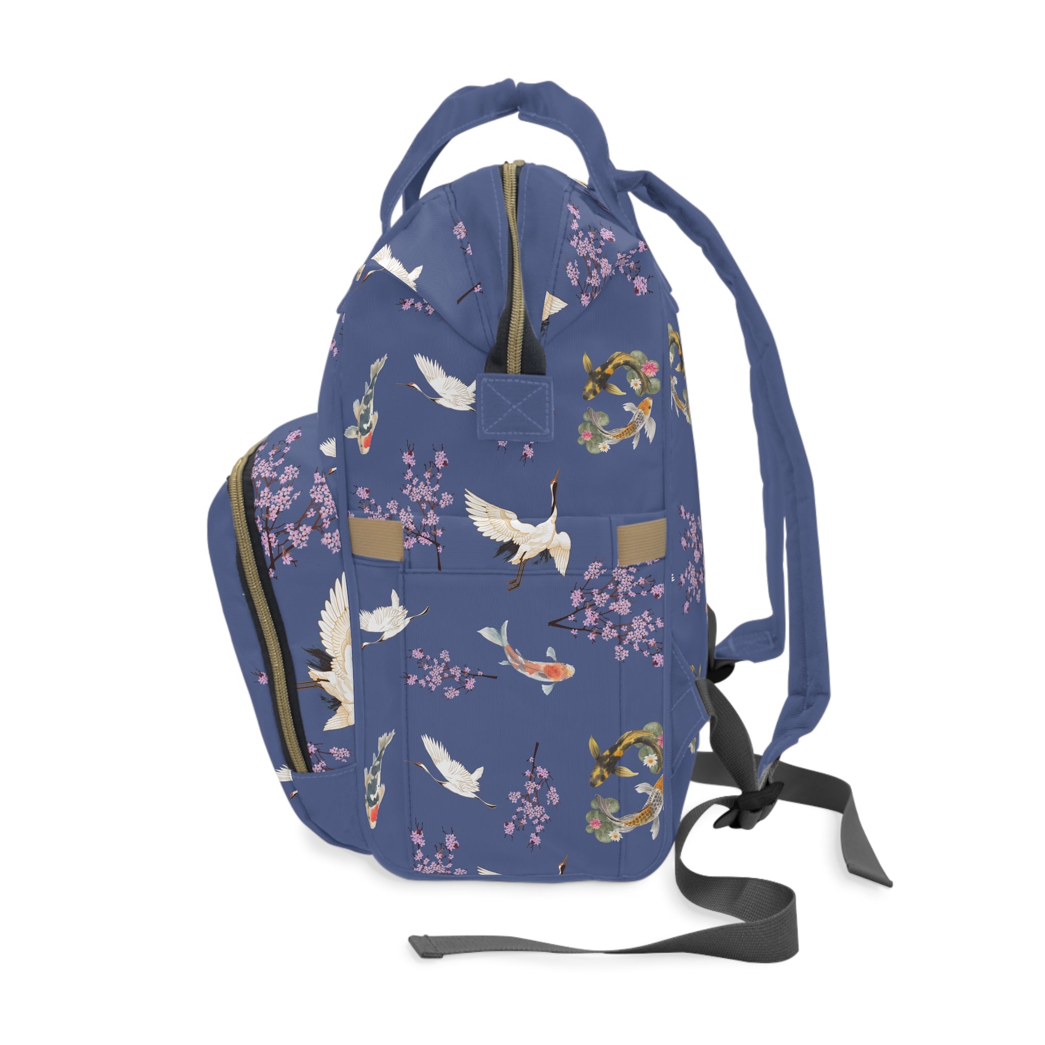 Cranes, Koi fish, and Cherry Blossoms Diaper Backpack - Japanese nature inspired diaper bag La Vie Bien Cranes, Koi fish, and Cherry Blossoms Diaper Backpack - Japanese nature inspired