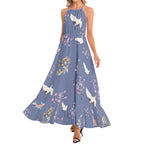 Cranes, Koi fish, and Cherry Blossoms Indigo Ruffle Hem Halter Neck Maxi Dress, Japanese nature inspired Dress La Vie Bien Cranes, Koi fish, and Cherry Blossoms Indigo Ruffle Hem Halter Neck Maxi Dress, Japanese nature inspired