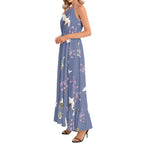 Cranes, Koi fish, and Cherry Blossoms Indigo Ruffle Hem Halter Neck Maxi Dress, Japanese nature inspired Dress La Vie Bien Cranes, Koi fish, and Cherry Blossoms Indigo Ruffle Hem Halter Neck Maxi Dress, Japanese nature inspired