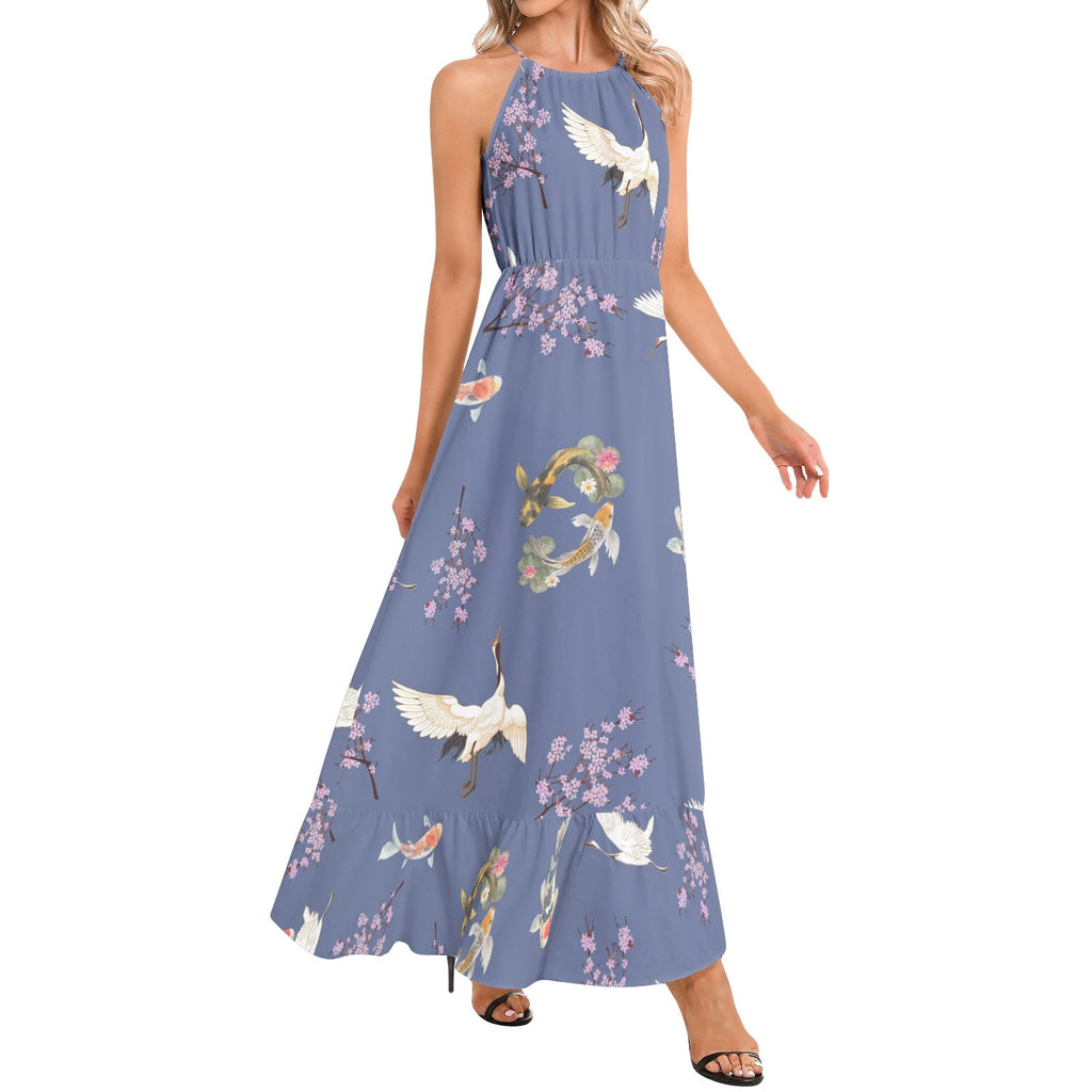 Cranes, Koi fish, and Cherry Blossoms Indigo Ruffle Hem Halter Neck Maxi Dress, Japanese nature inspired Dress La Vie Bien Cranes, Koi fish, and Cherry Blossoms Indigo Ruffle Hem Halter Neck Maxi Dress, Japanese nature inspired