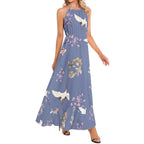 Cranes, Koi fish, and Cherry Blossoms Indigo Ruffle Hem Halter Neck Maxi Dress, Japanese nature inspired Dress La Vie Bien Cranes, Koi fish, and Cherry Blossoms Indigo Ruffle Hem Halter Neck Maxi Dress, Japanese nature inspired