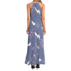 Cranes, Koi fish, and Cherry Blossoms Indigo Ruffle Hem Halter Neck Maxi Dress, Japanese nature inspired Dress La Vie Bien Cranes, Koi fish, and Cherry Blossoms Indigo Ruffle Hem Halter Neck Maxi Dress, Japanese nature inspired