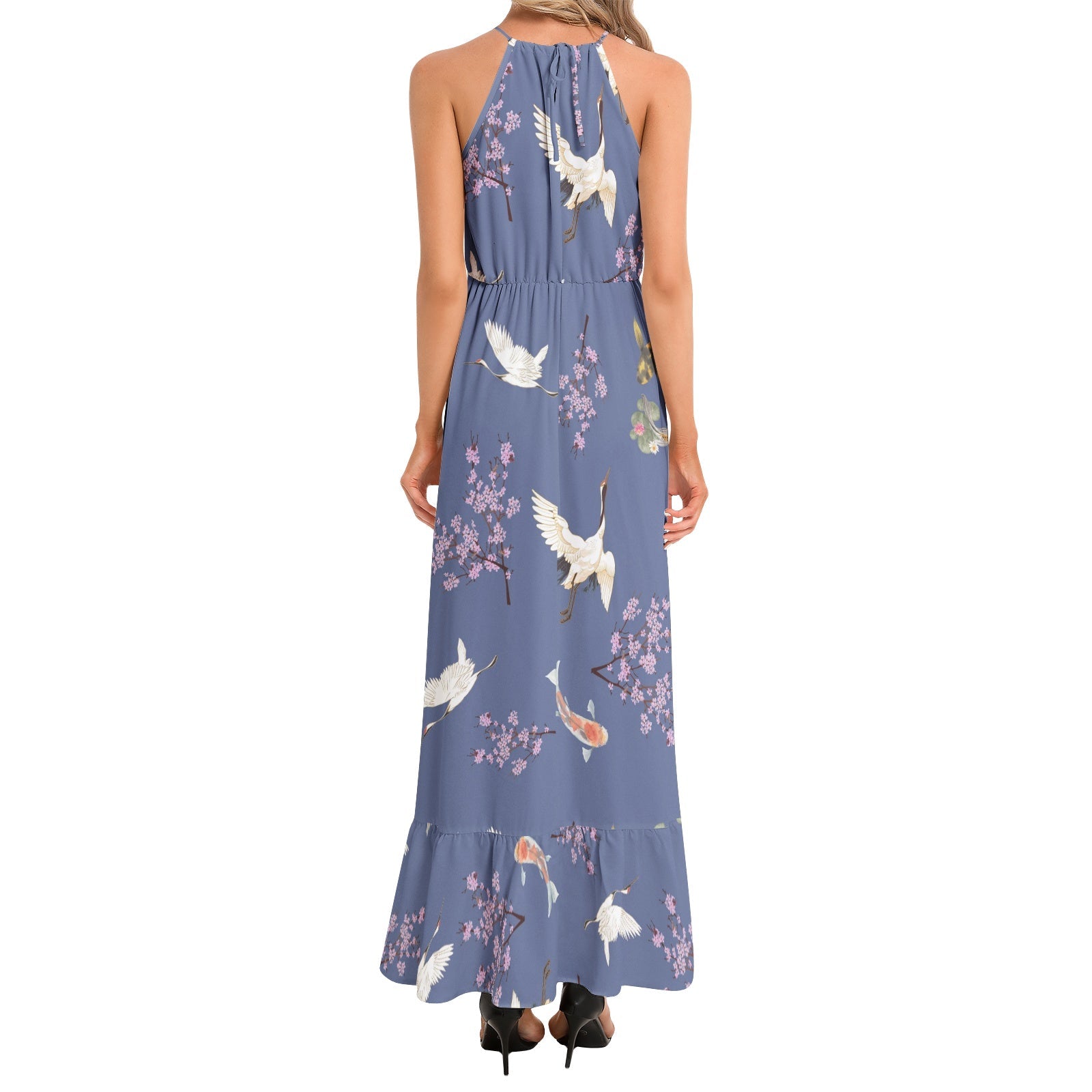 Cranes, Koi fish, and Cherry Blossoms Indigo Ruffle Hem Halter Neck Maxi Dress, Japanese nature inspired Dress La Vie Bien Cranes, Koi fish, and Cherry Blossoms Indigo Ruffle Hem Halter Neck Maxi Dress, Japanese nature inspired
