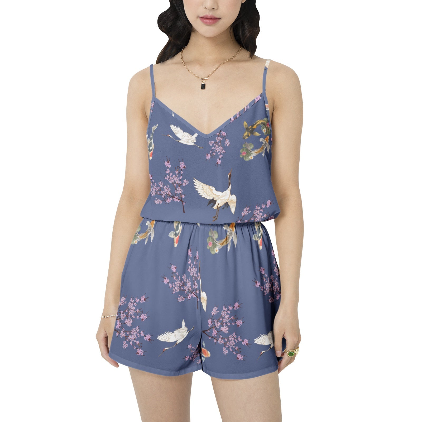Cranes, koi fish, and Cherry Blossoms "Sakura Dreams" 2-piece Cami Top and Short Pajama Set Two-pieces La Vie Bien Cranes, koi fish, and Cherry Blossoms "Sakura Dreams" 2-piece Cami Top and Short Pajama Set