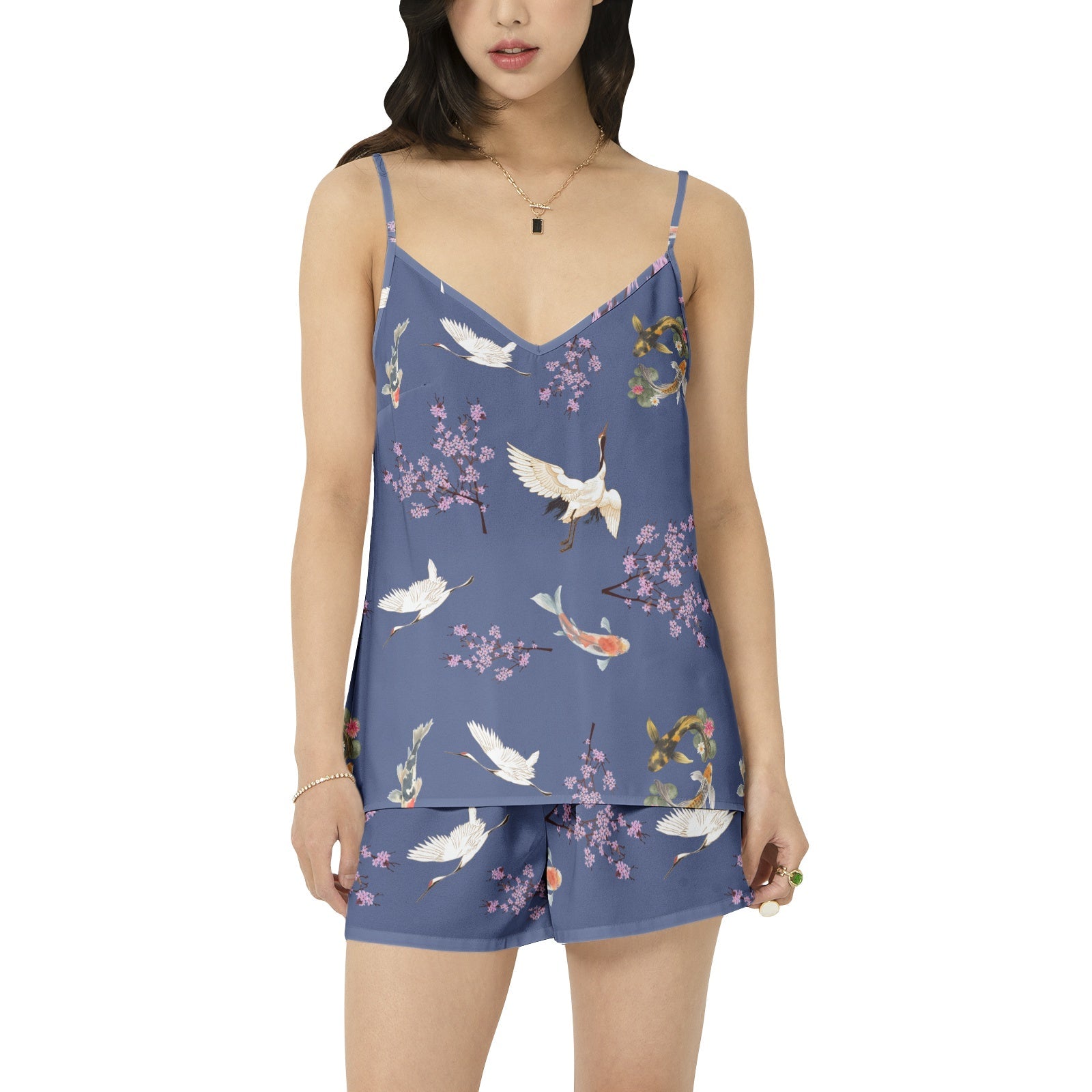 Cranes, koi fish, and Cherry Blossoms "Sakura Dreams" 2-piece Cami Top and Short Pajama Set Two-pieces La Vie Bien Cranes, koi fish, and Cherry Blossoms "Sakura Dreams" 2-piece Cami Top and Short Pajama Set