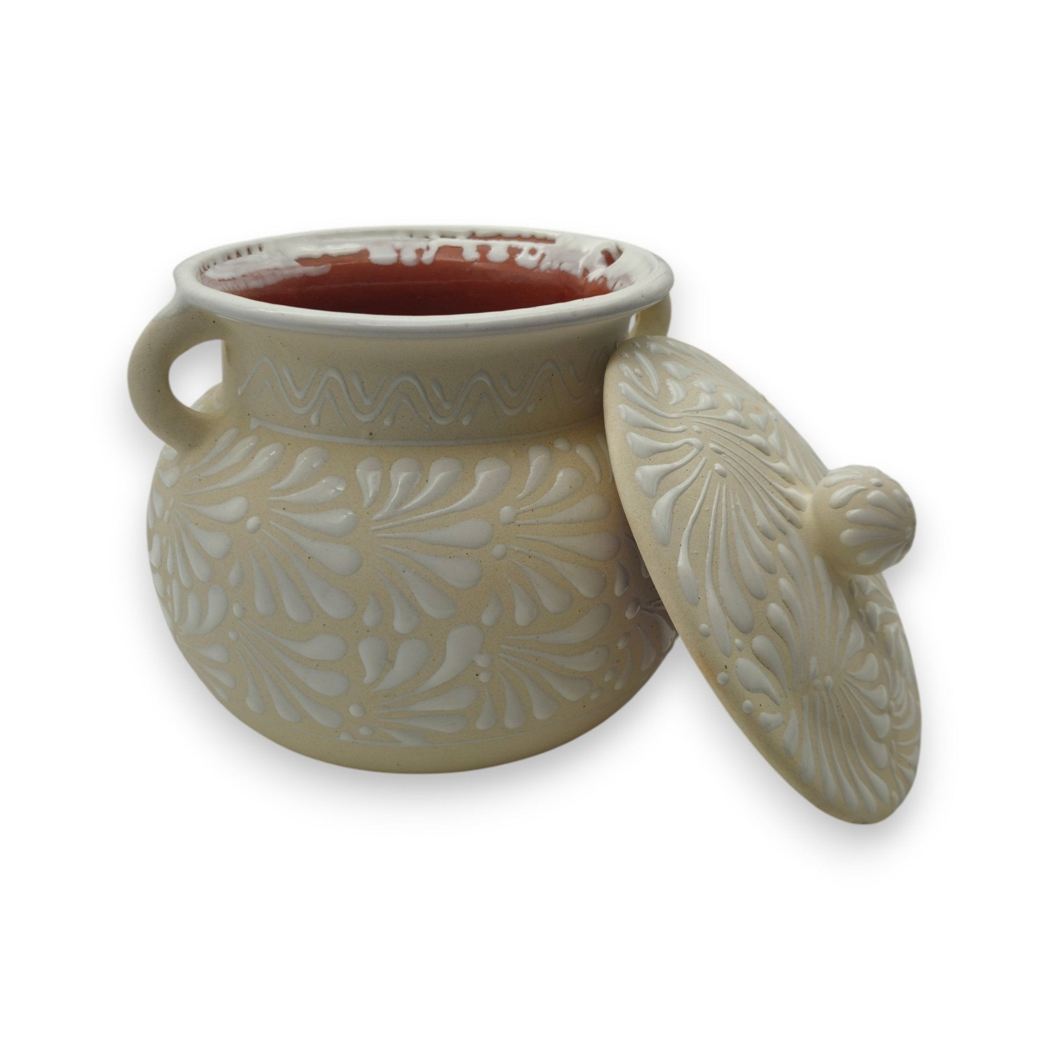 Cream Talavera Bean Pot with Lid | Handmade Mexican Clay Talavera Frijolero La Vie Bien Cream Talavera Bean Pot with Lid | Handmade Mexican Clay