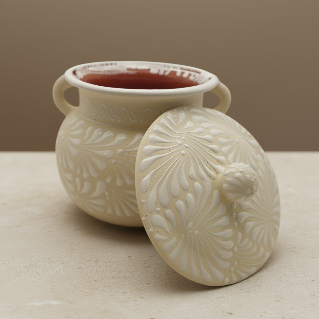 Cream Talavera Bean Pot with Lid | Handmade Mexican Clay Talavera Frijolero La Vie Bien Cream Talavera Bean Pot with Lid | Handmade Mexican Clay