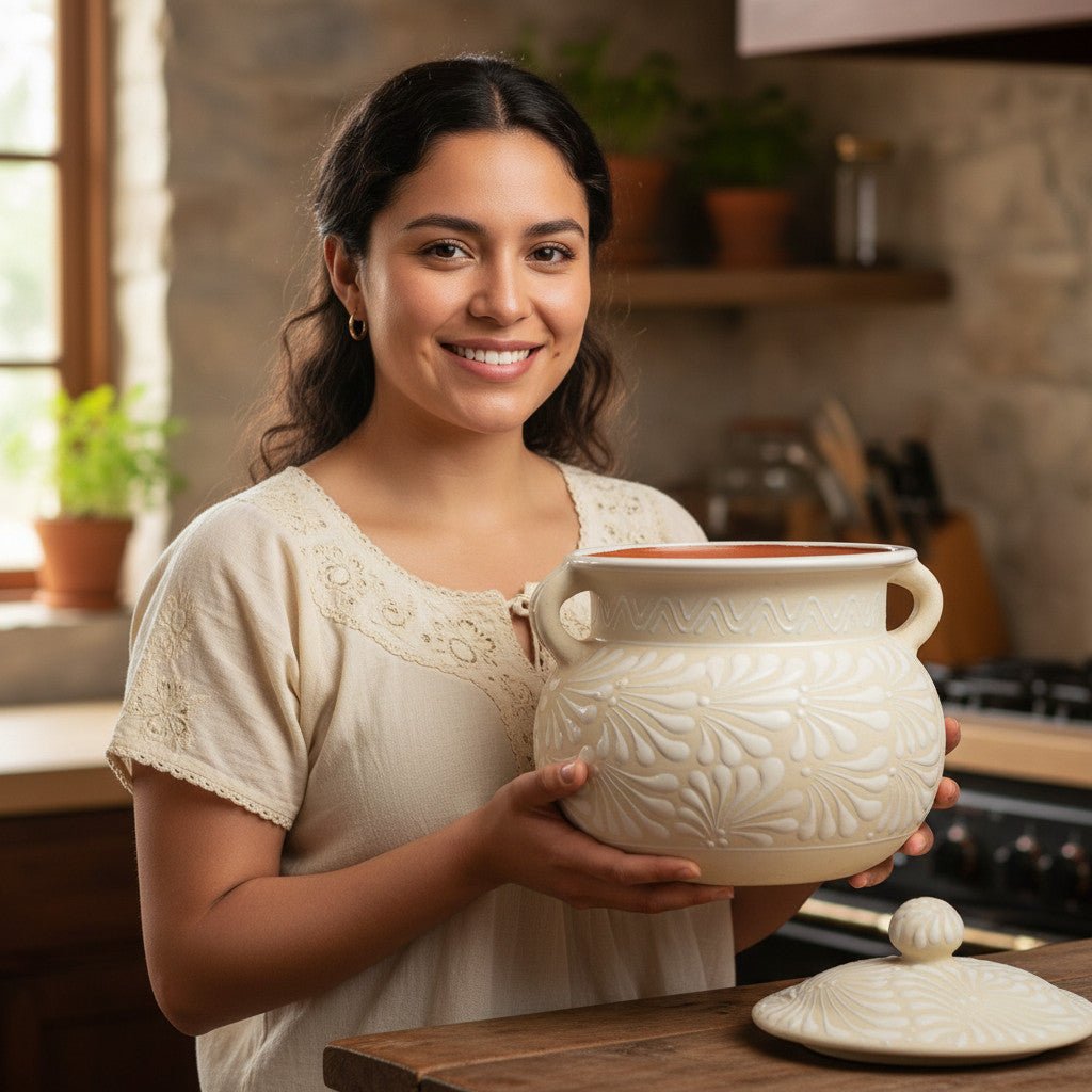 Cream Talavera Bean Pot with Lid | Handmade Mexican Clay Talavera Frijolero La Vie Bien Cream Talavera Bean Pot with Lid | Handmade Mexican Clay