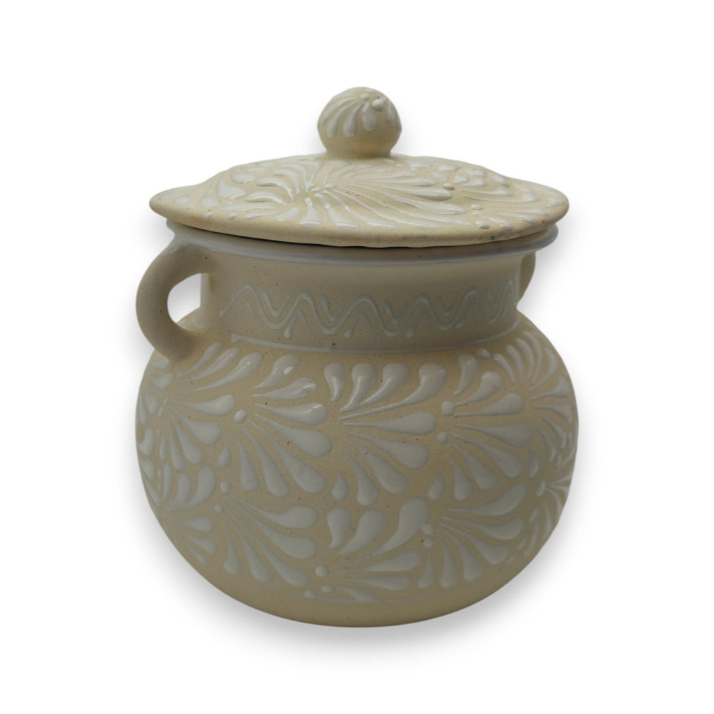 Cream Talavera Bean Pot with Lid | Handmade Mexican Clay Talavera Frijolero La Vie Bien Cream Talavera Bean Pot with Lid | Handmade Mexican Clay