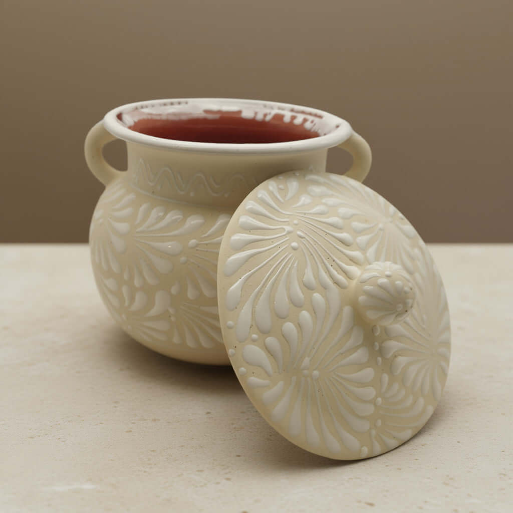Cream Talavera Bean Pot with Lid | Handmade Mexican Clay Talavera Frijolero La Vie Bien Cream Talavera Bean Pot with Lid | Handmade Mexican Clay