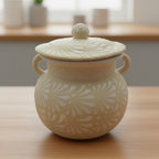 Cream Talavera Bean Pot with Lid | Handmade Mexican Clay Talavera Frijolero La Vie Bien Cream Talavera Bean Pot with Lid | Handmade Mexican Clay