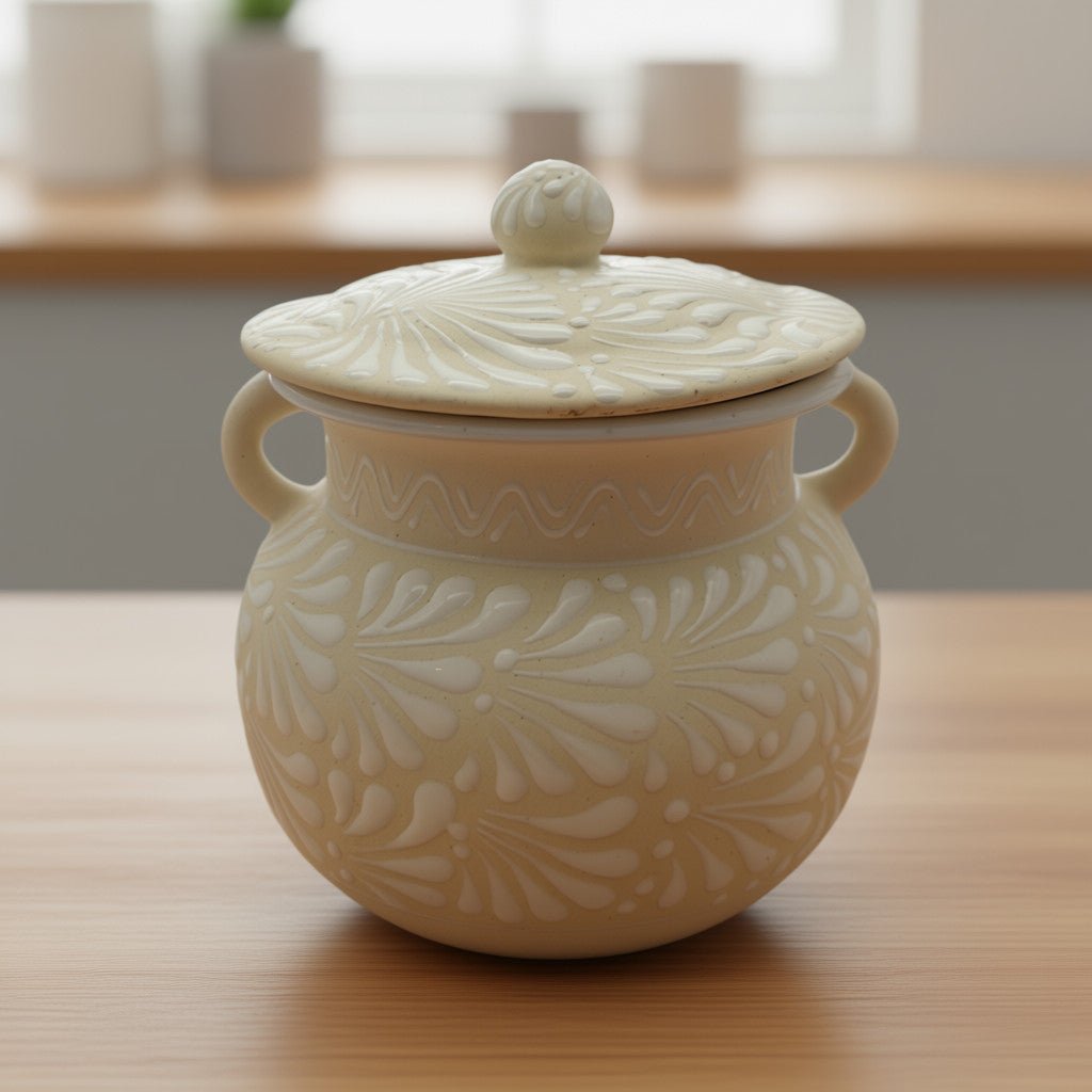 Cream Talavera Bean Pot with Lid | Handmade Mexican Clay Talavera Frijolero La Vie Bien Cream Talavera Bean Pot with Lid | Handmade Mexican Clay