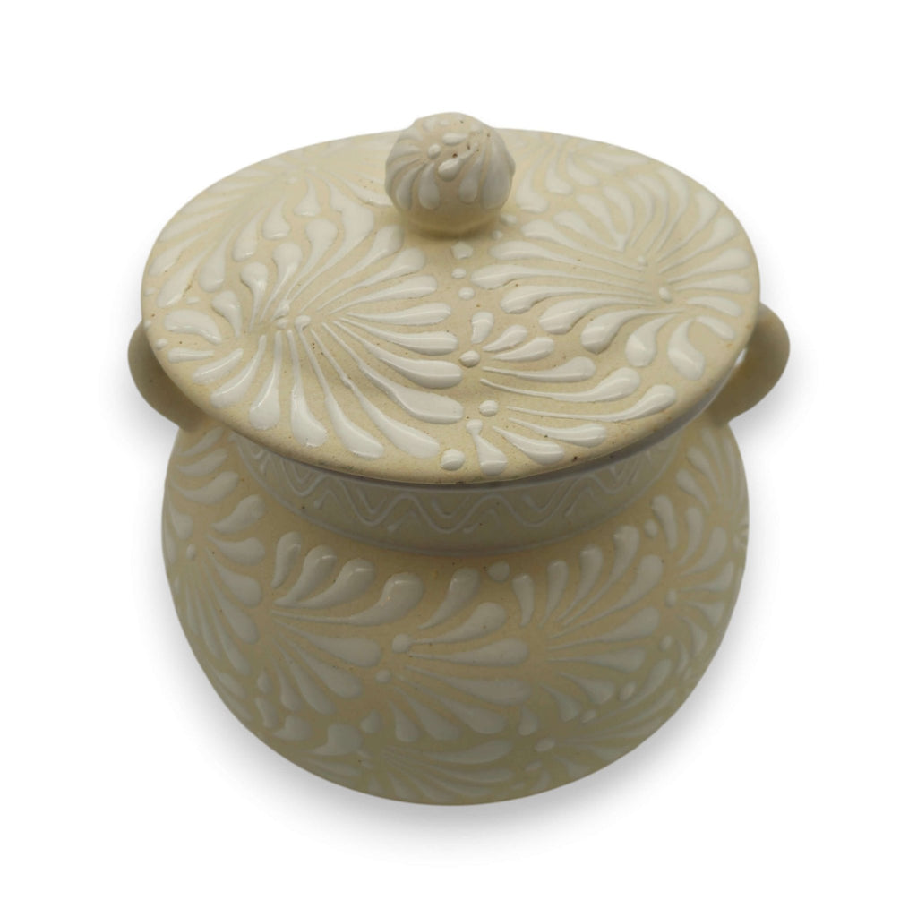 Cream Talavera Bean Pot with Lid | Handmade Mexican Clay Talavera Frijolero La Vie Bien Cream Talavera Bean Pot with Lid | Handmade Mexican Clay
