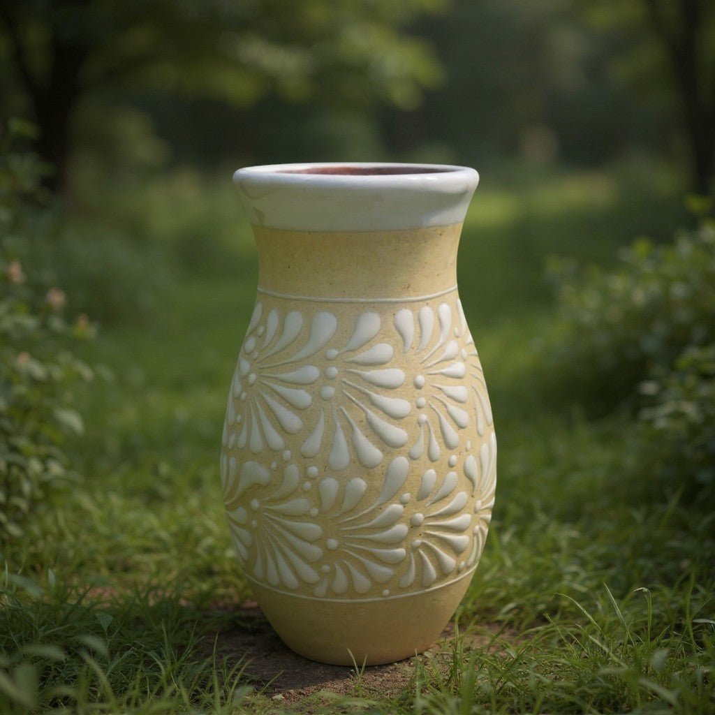 Cream & White Talavera Vase | Handmade Floral Pottery Talavera Planter La Vie Bien Cream & White Talavera Vase | Handmade Floral Pottery