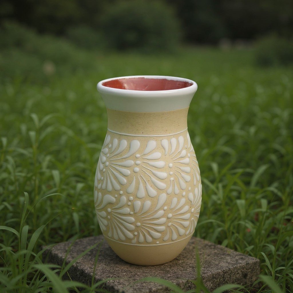 Cream & White Talavera Vase | Handmade Floral Pottery Talavera Planter La Vie Bien Cream & White Talavera Vase | Handmade Floral Pottery