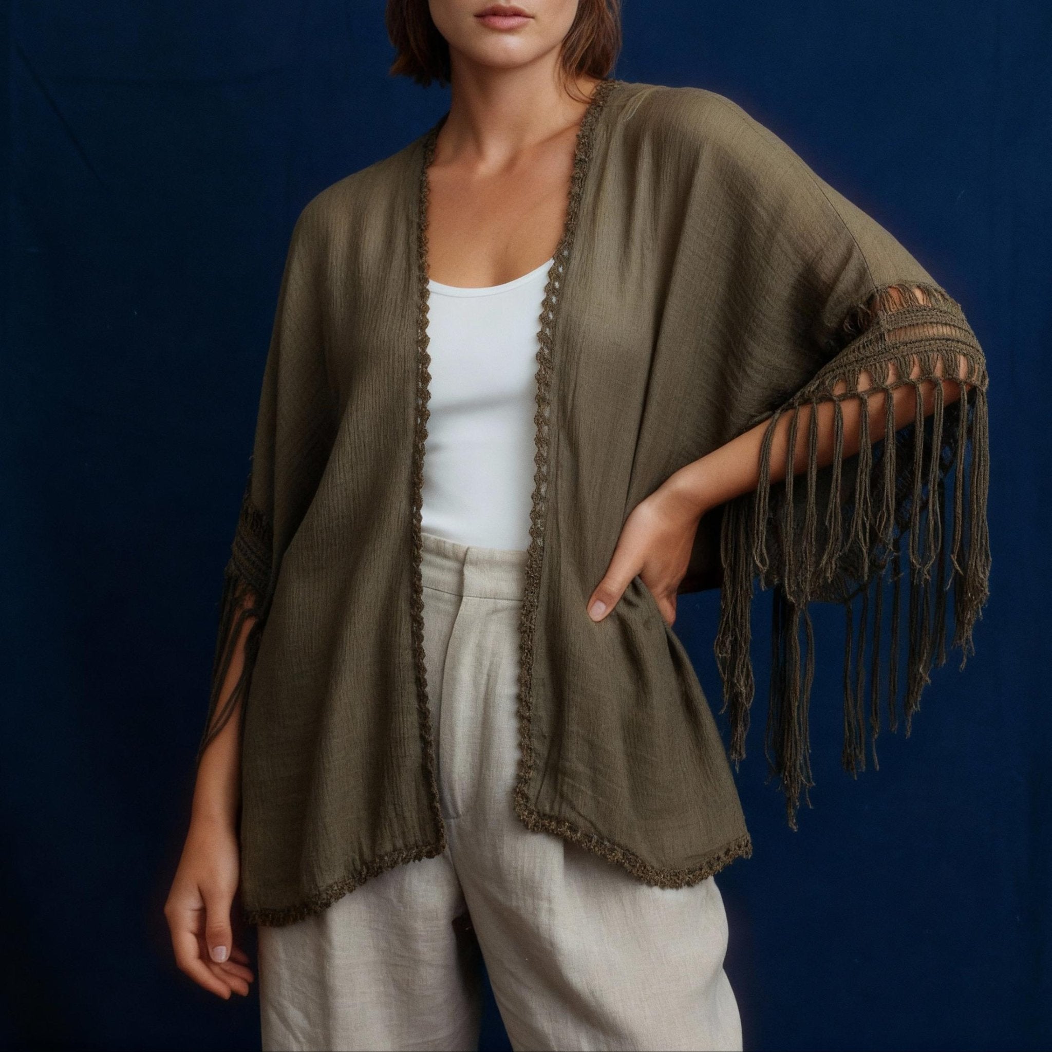 Crochet Back Tasseled Kimono | Bohemian Theme Cardigan Beachwear Cover - up Kimono La Vie Bien Crochet Back Tasseled Kimono | Bohemian Theme Cardigan Beachwear Cover - up