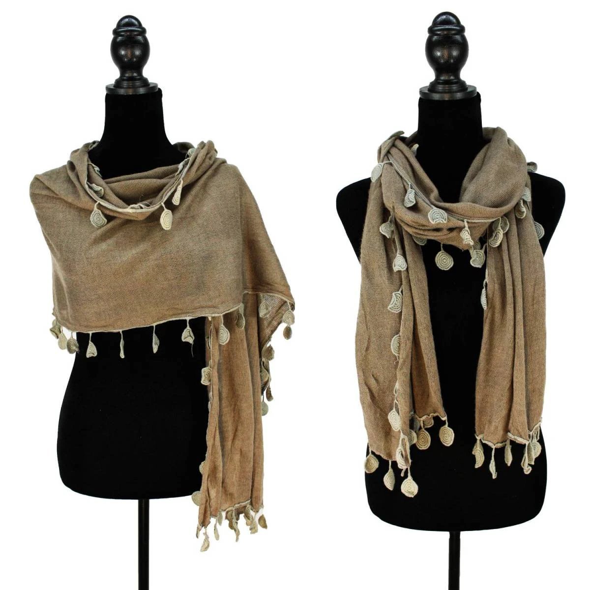 Crochet Coins Lace Tassels Oblong Scarf Shawl by D&B Pashmina