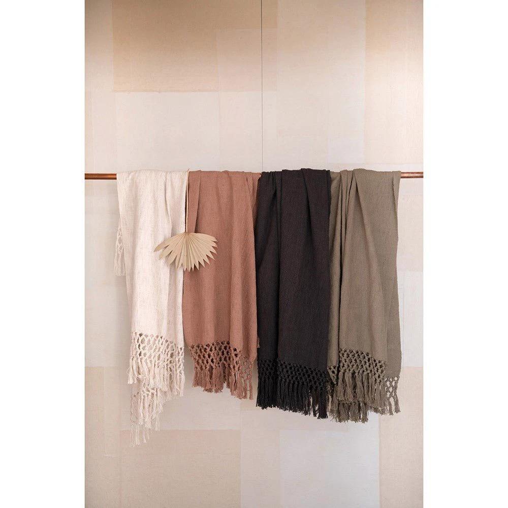 Crochet Fringe Woven Cotton Throw Blanket, Cream by White Cliff Studio