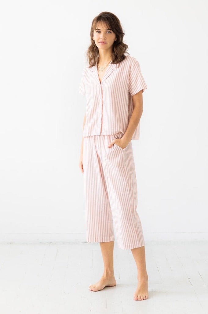 Cropped Button Down-High Waisted Striped Capri PAJAMAS La Vie Bien Cropped Button Down-High Waisted Striped Capri