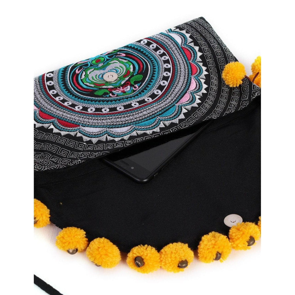 Crossbody Tribal Embroidered Pompom Artisan Made Bag - Thailand Bags La Vie Bien Crossbody Tribal Embroidered Pompom Artisan Made Bag - Thailand