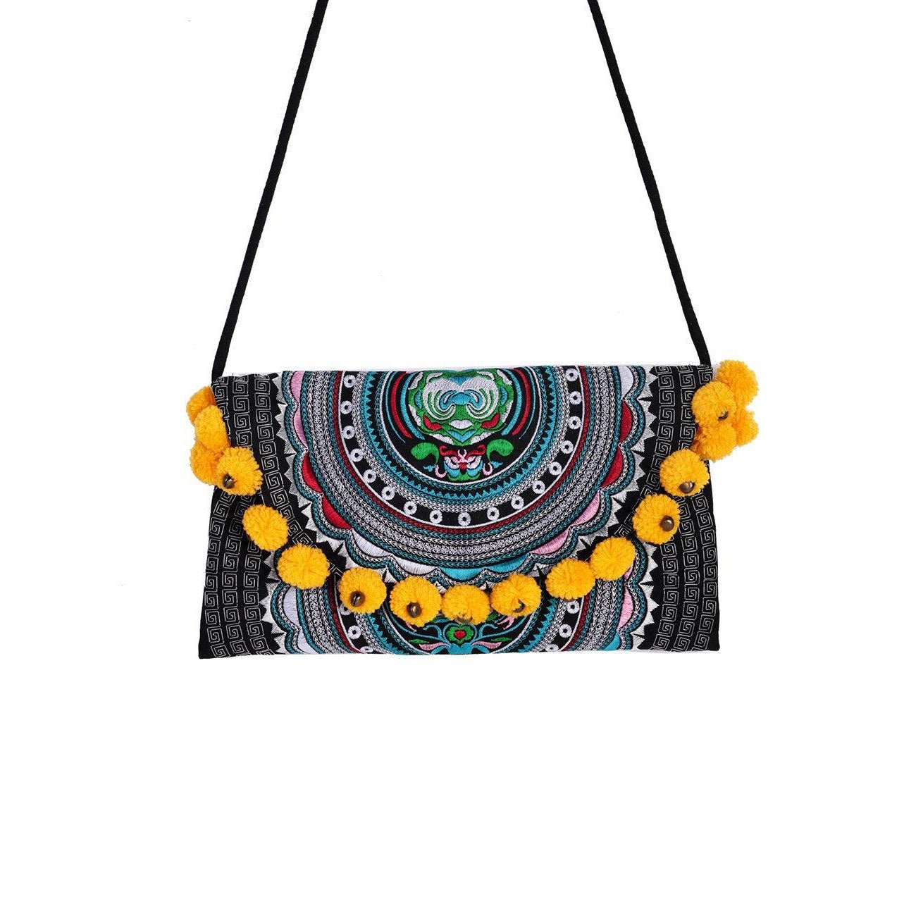 Crossbody Tribal Embroidered Pompom Artisan Made Bag - Thailand Bags La Vie Bien Crossbody Tribal Embroidered Pompom Artisan Made Bag - Thailand
