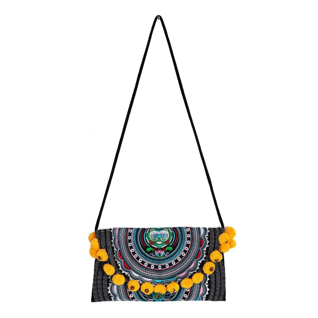 Crossbody Tribal Embroidered Pompom Artisan Made Bag - Thailand Bags La Vie Bien Crossbody Tribal Embroidered Pompom Artisan Made Bag - Thailand