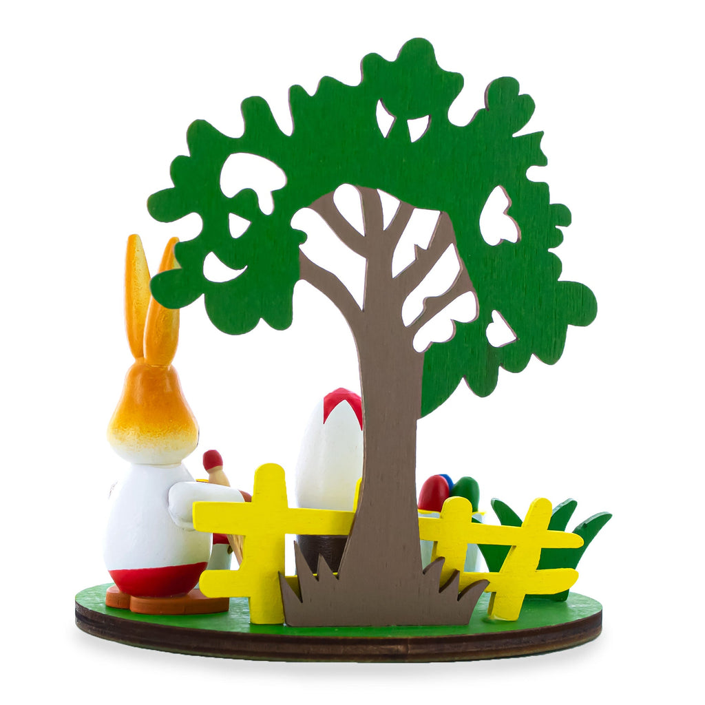 Wooden Bunny Figurine Decorating Easter Eggs Tabletop Scene 4.2 Inches Tall