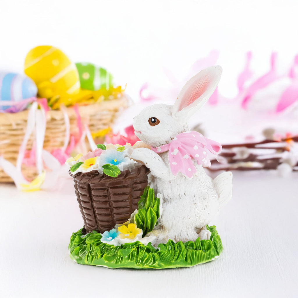 Spring Bunny Figurine With Floral Basket Easter Tabletop Accent 3 Inches Tall