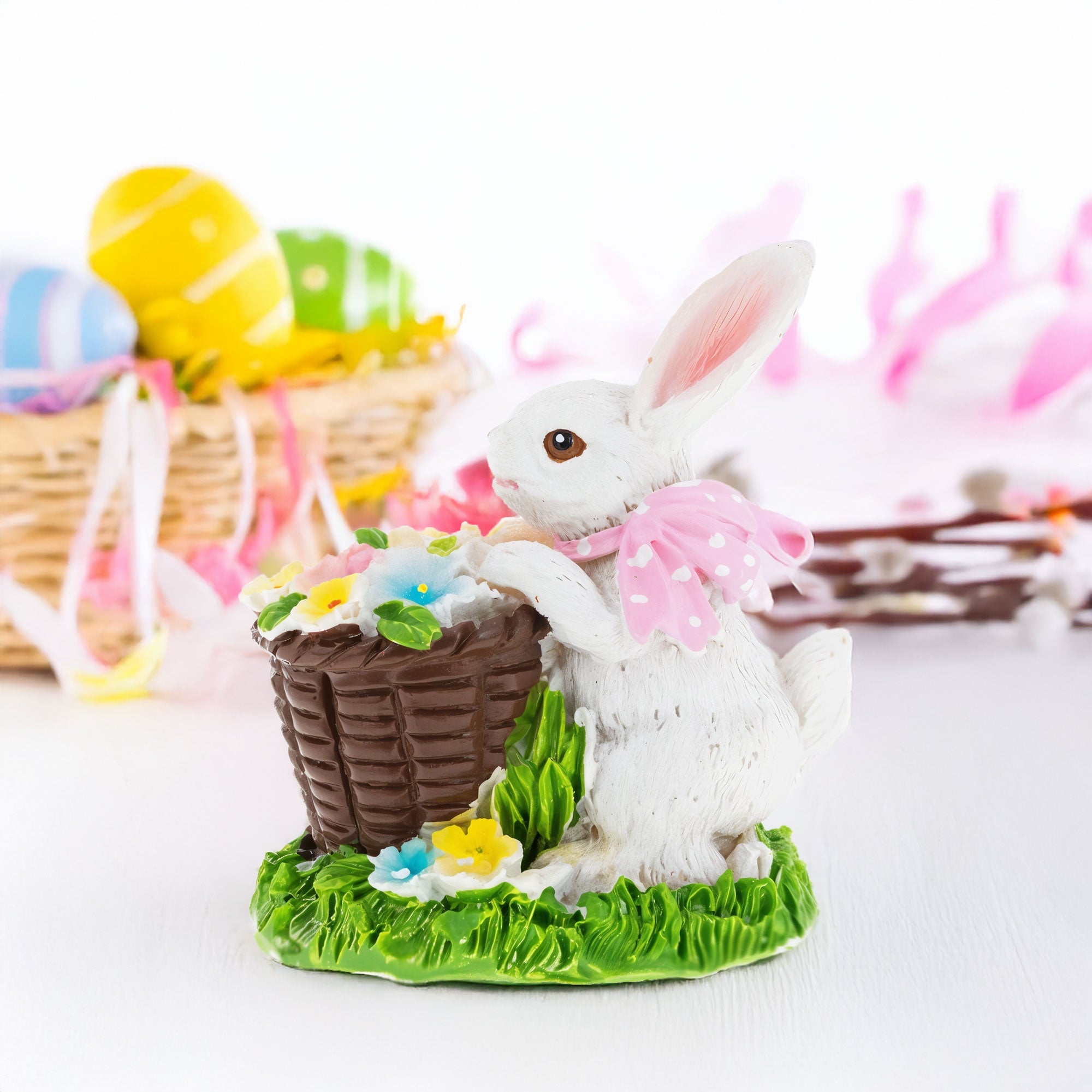 Spring Bunny Figurine With Floral Basket Easter Tabletop Accent 3 Inches Tall