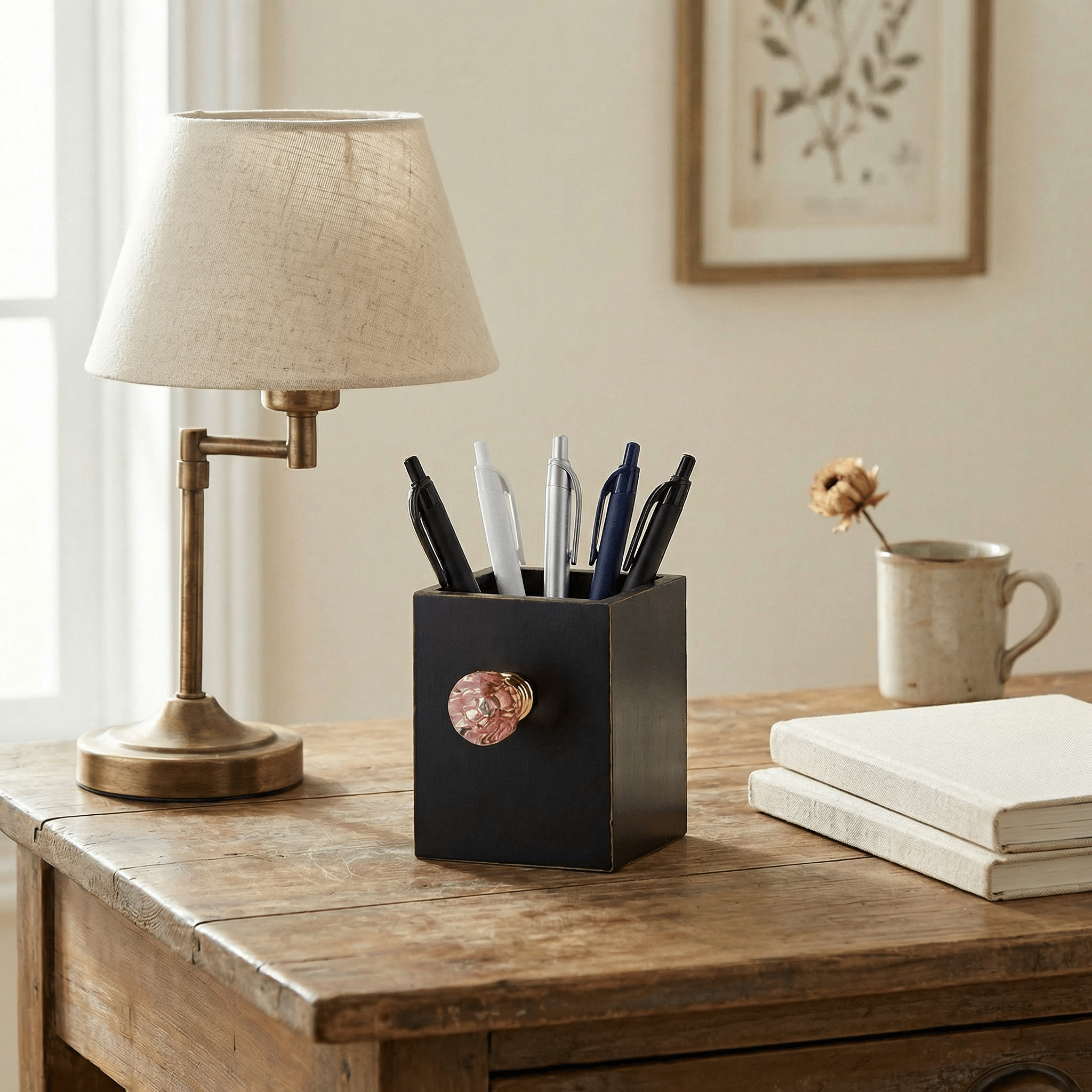 Crystal Knob Wooden Pen Holder in Black and Pink | Gift for Her Desk Accessories La Vie Bien Crystal Knob Wooden Pen Holder in Black and Pink | Gift for Her