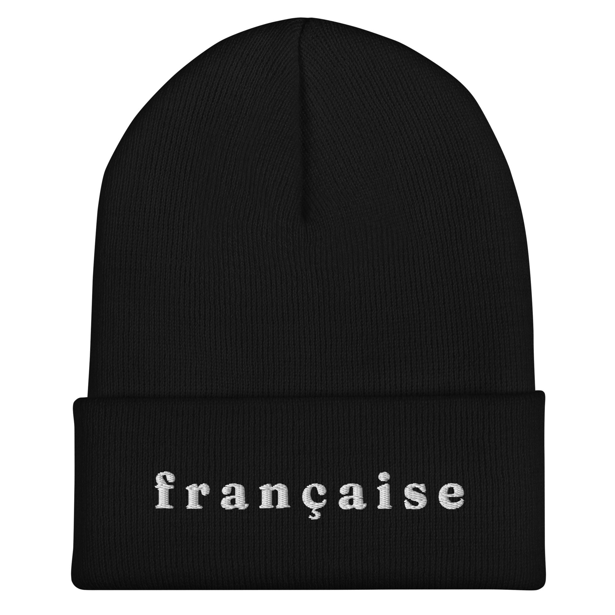 Black knit cuffed beanie with white embroidered text "française" in lowercase serif font