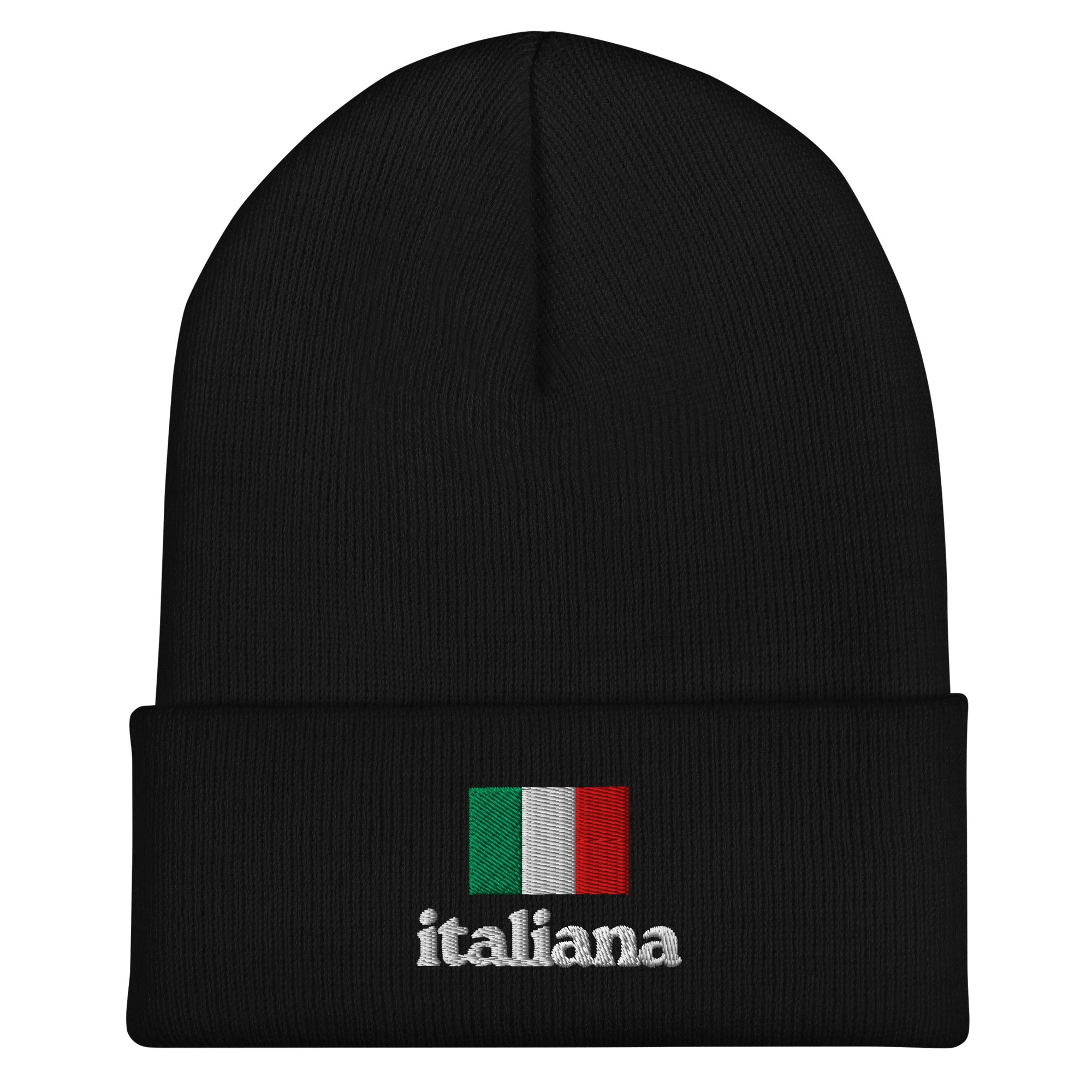 Black knit cuffed beanie with embroidered Italian flag in green, white, and red colors above white embroidered text "italiana" in lowercase font