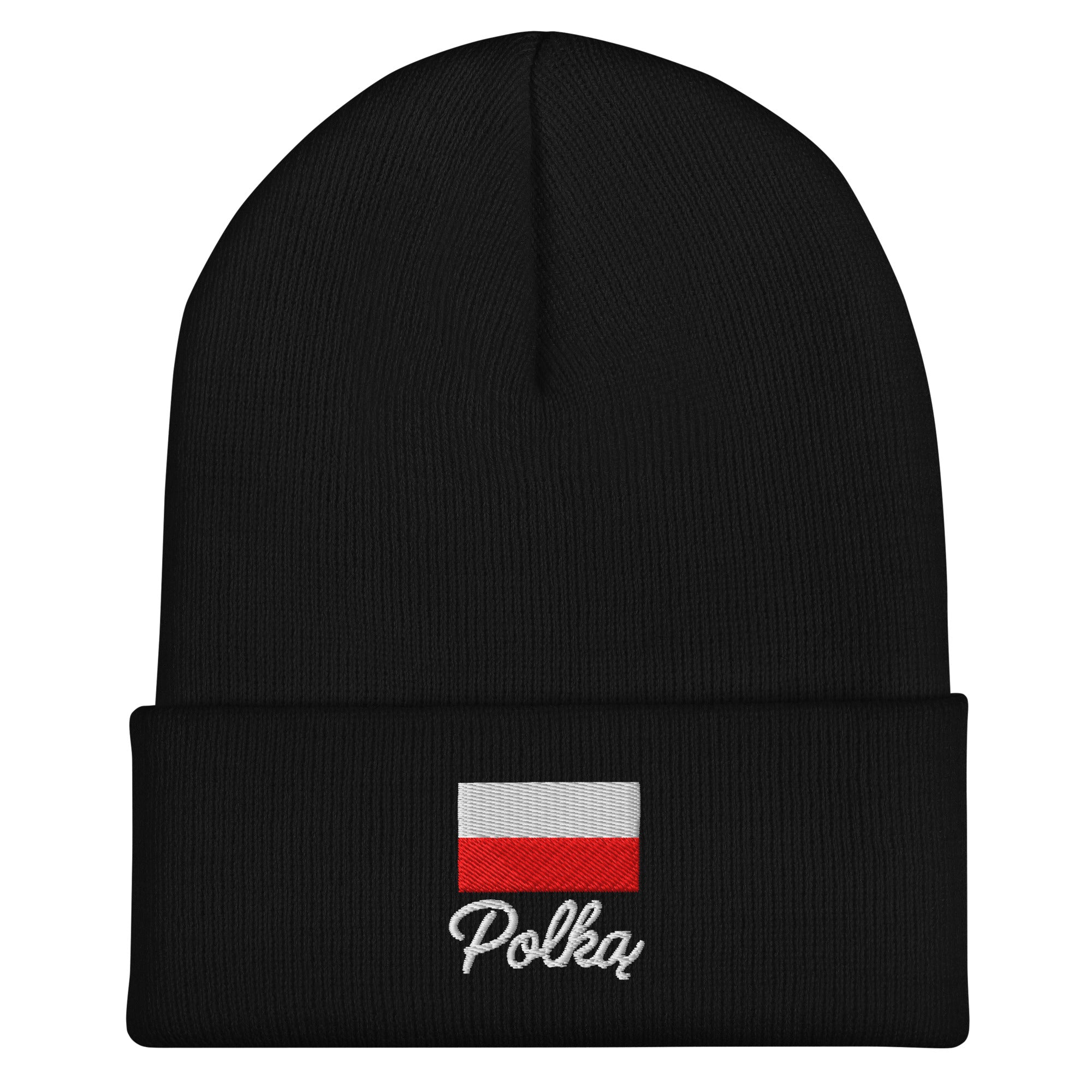 Black knit cuffed beanie with embroidered Polish flag in white and red colors above white embroidered text "Polka" in script font