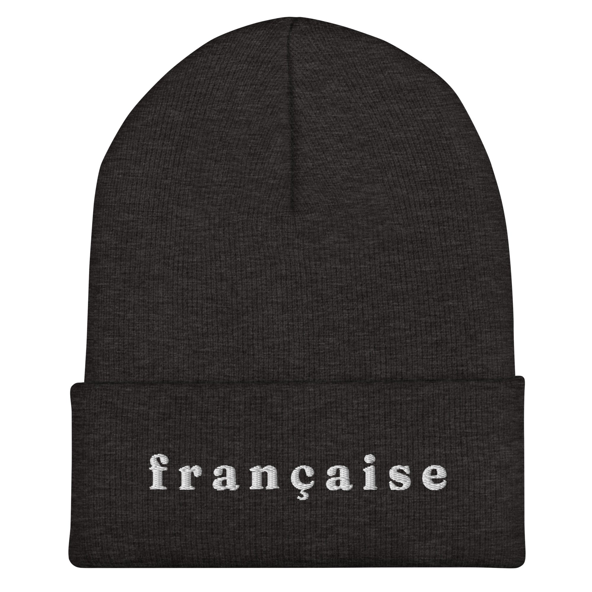 Dark gray knit cuffed beanie with white embroidered text "française" in lowercase serif font