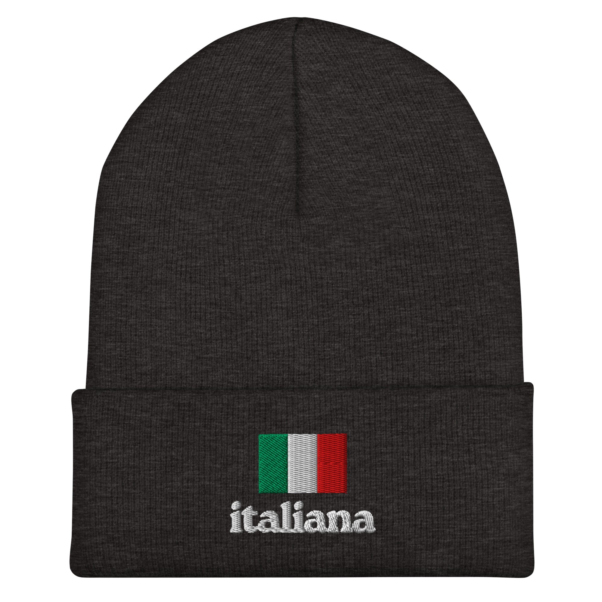 Dark gray knit cuffed beanie with embroidered Italian flag in green, white, and red colors above white embroidered text "italiana" in lowercase font