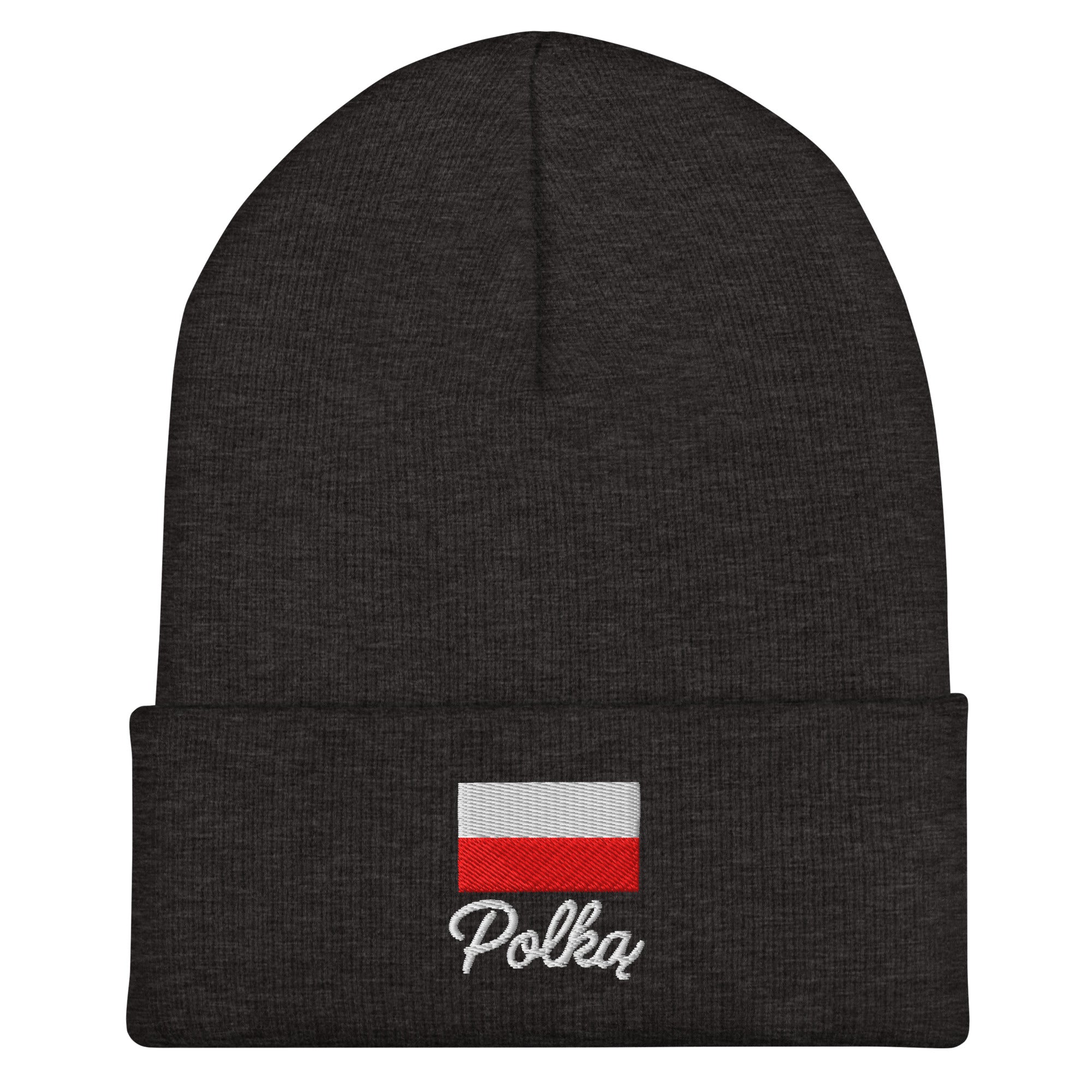 Dark gray knit cuffed beanie with embroidered Polish flag in white and red colors above white embroidered text "Polka" in script font