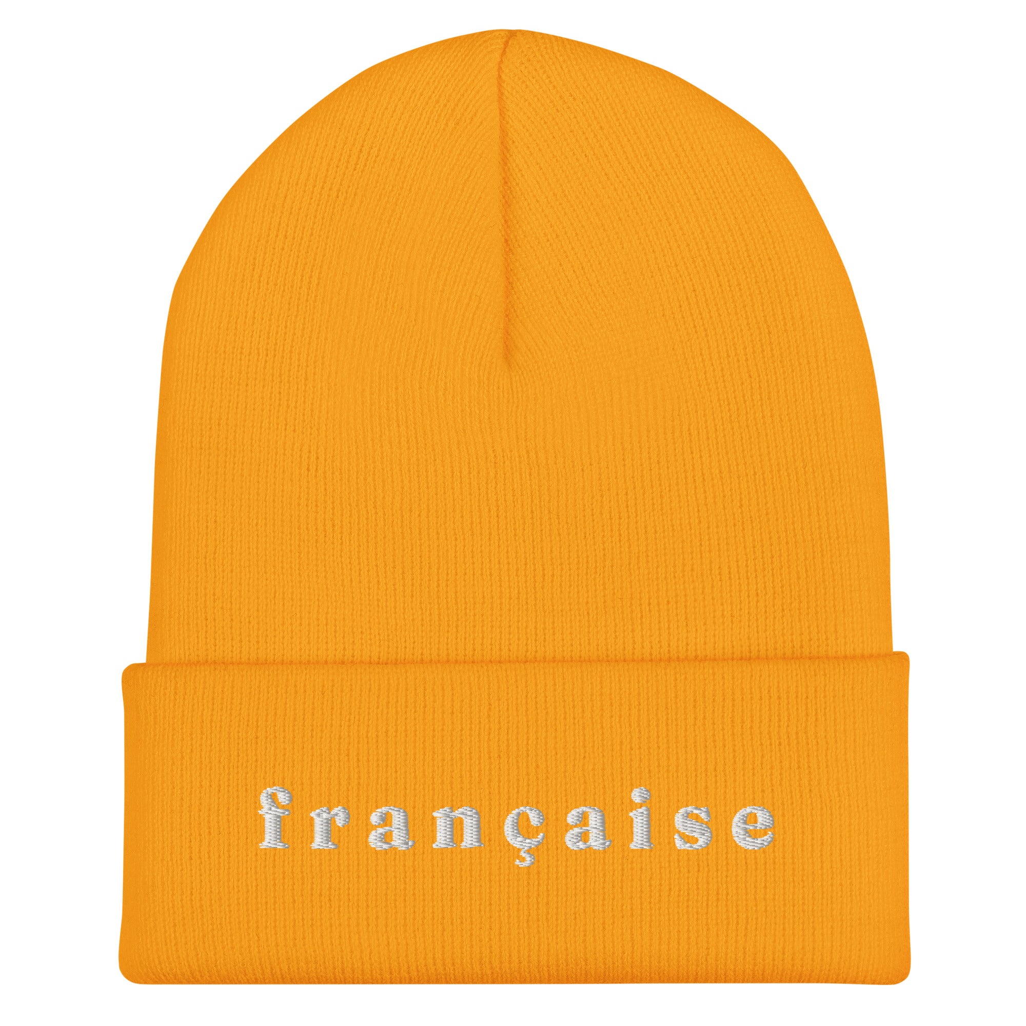 Bright yellow knit cuffed beanie with white embroidered text "française" in lowercase serif font