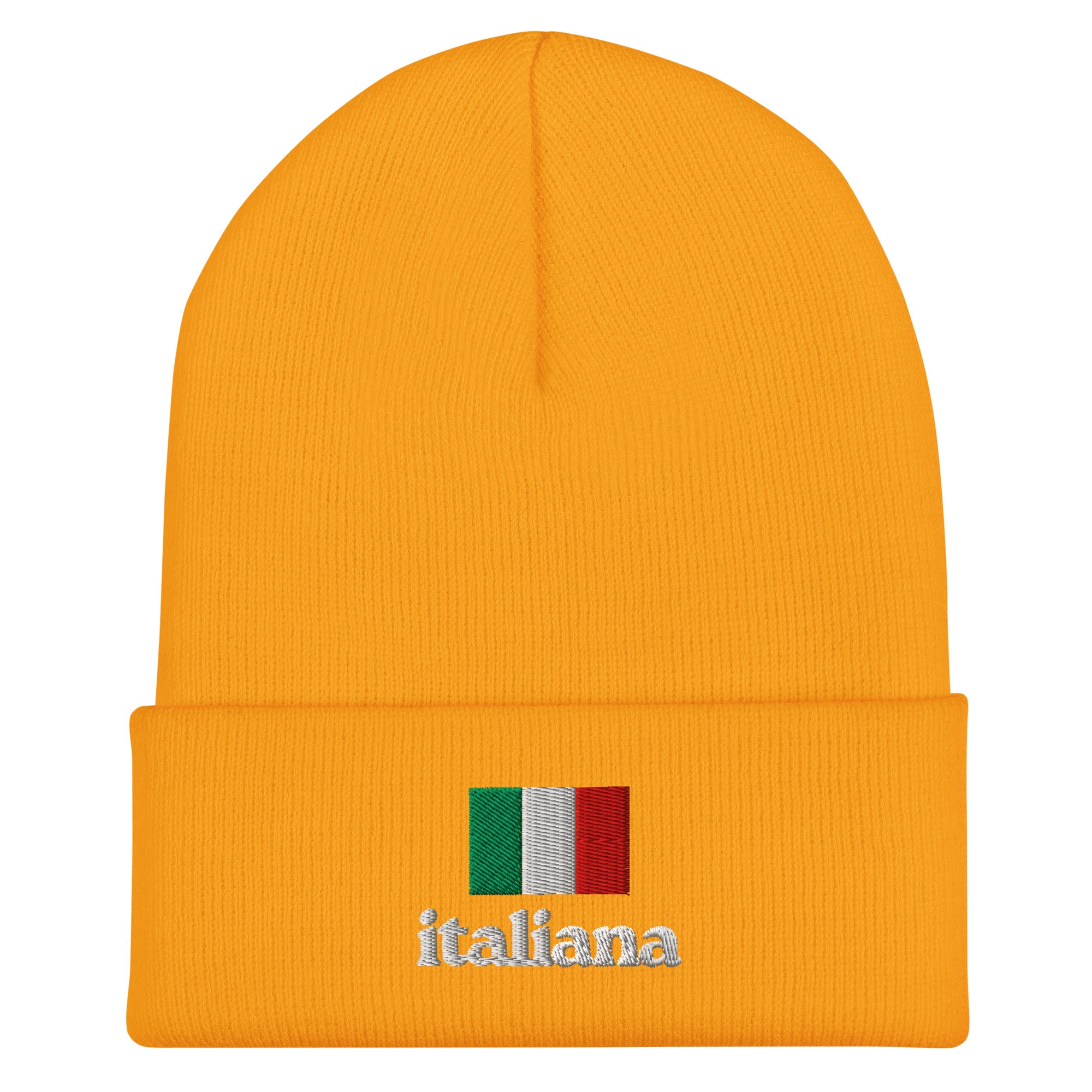 Bright yellow knit cuffed beanie with embroidered Italian flag in green, white, and red colors above white embroidered text "italiana" in lowercase font