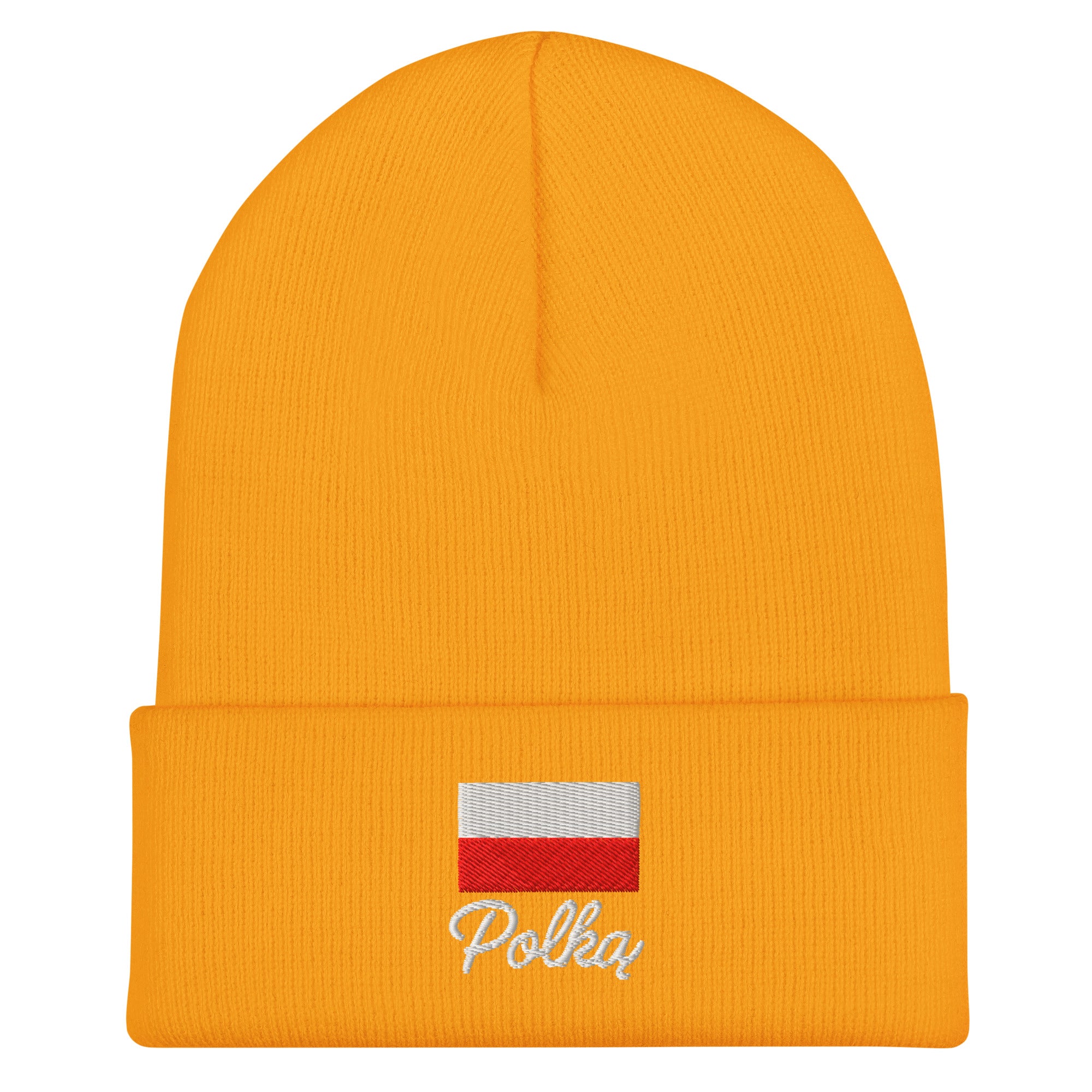 Bright yellow knit cuffed beanie with embroidered Polish flag in white and red colors above white embroidered text "Polka" in script font