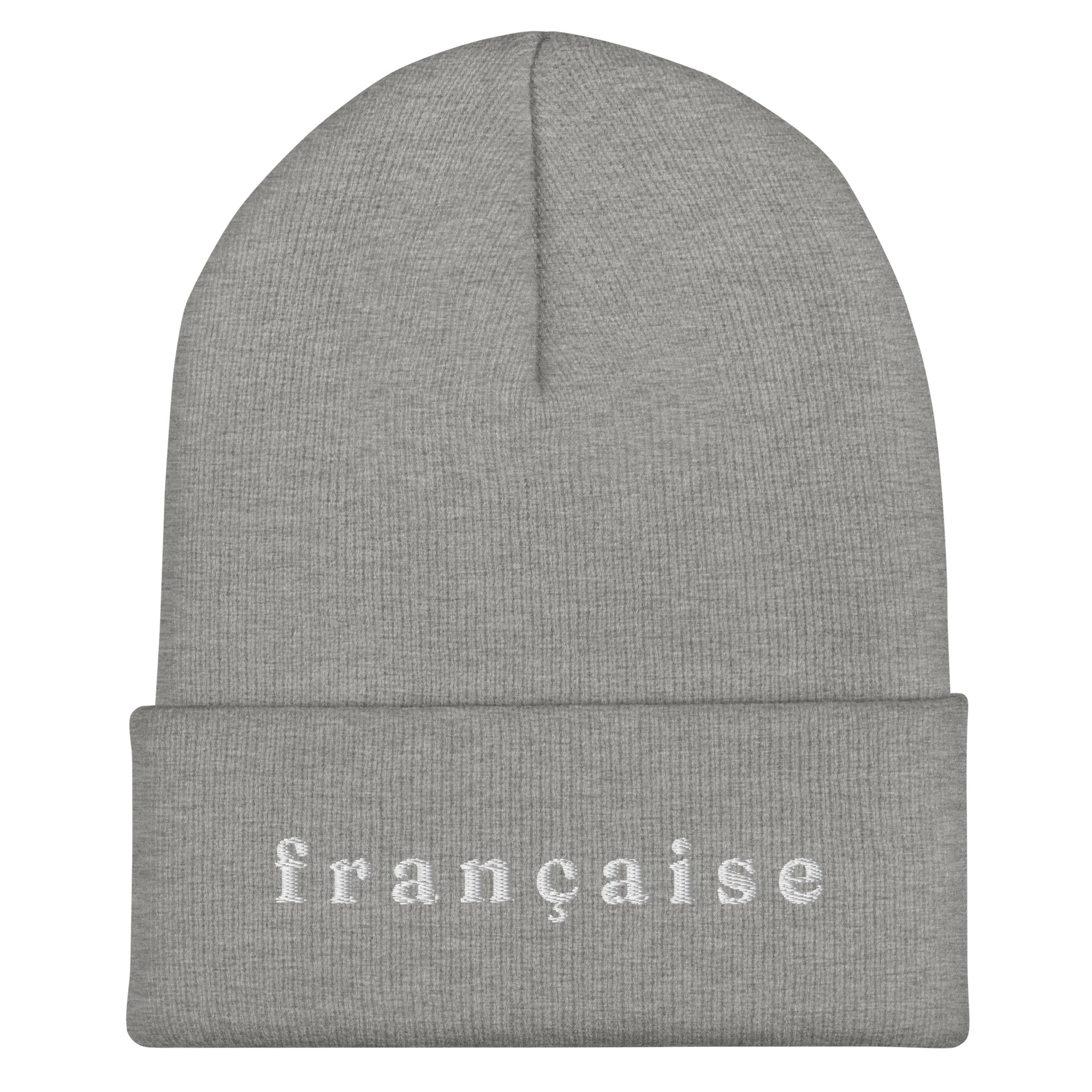 Light gray knit cuffed beanie with white embroidered text "française" in lowercase serif font