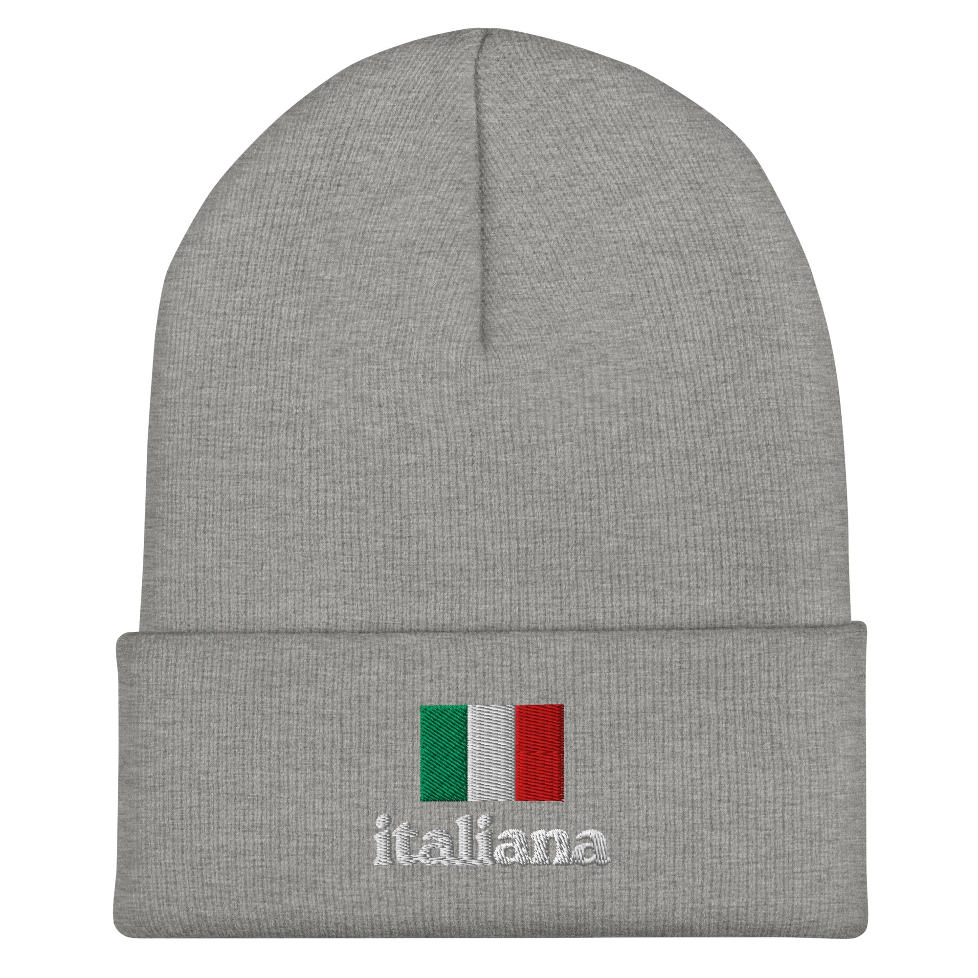 Light gray knit cuffed beanie with embroidered Italian flag in green, white, and red colors above white embroidered text "italiana" in lowercase font