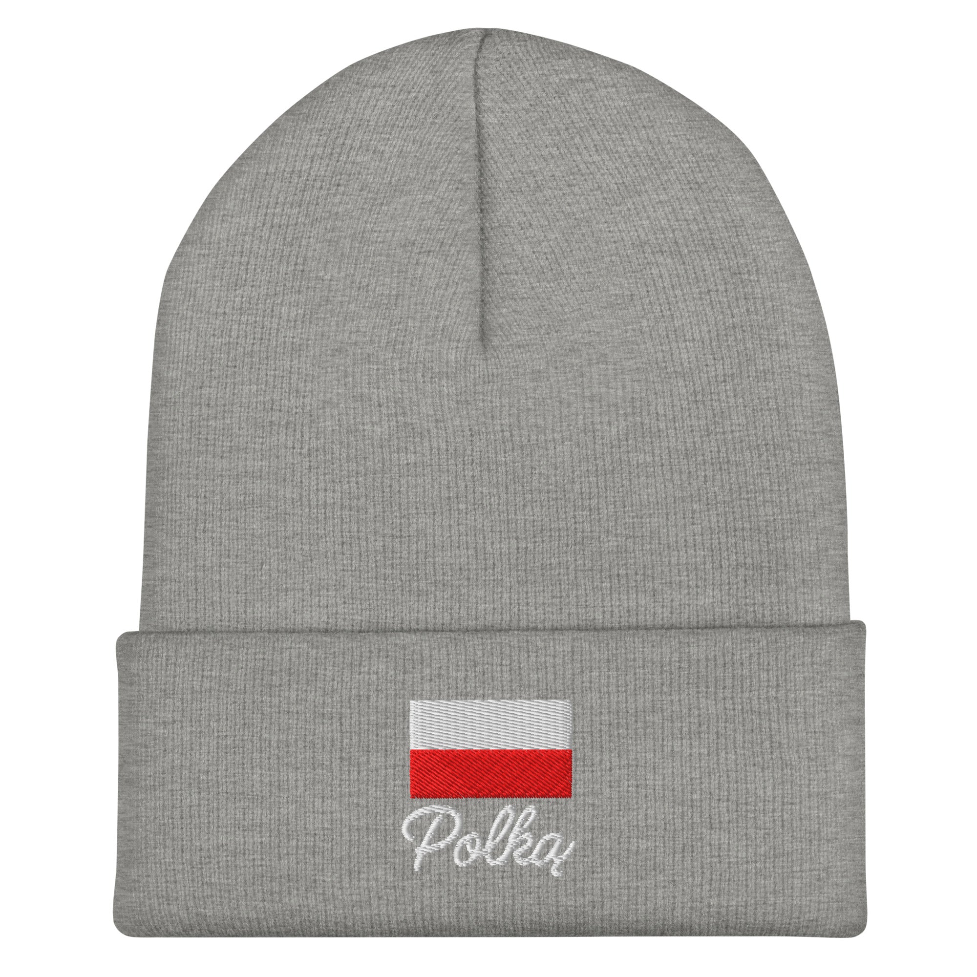 Light gray knit cuffed beanie with embroidered Polish flag in white and red colors above white embroidered text "Polka" in script font