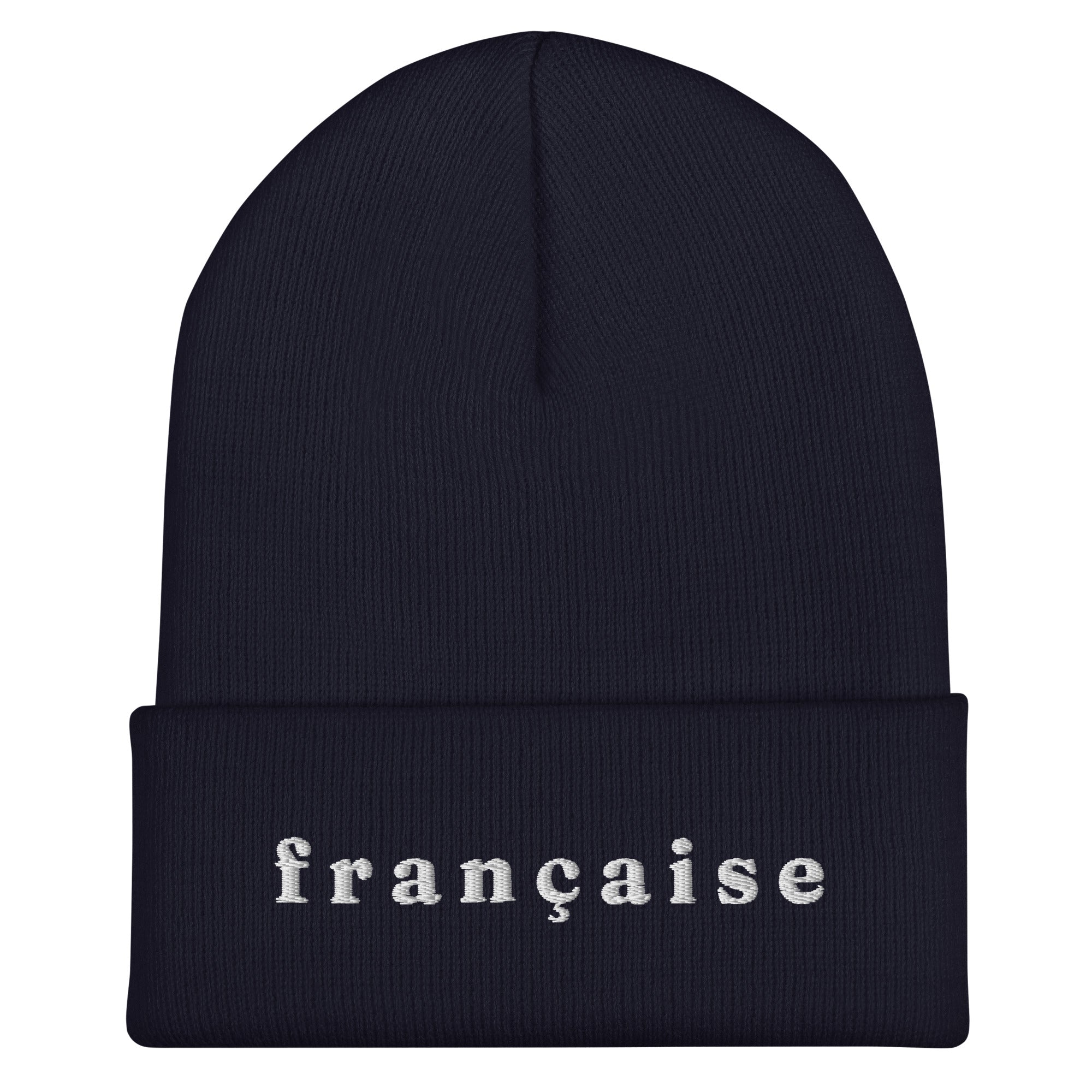 Navy knit cuffed beanie with white embroidered text "française" in lowercase serif font