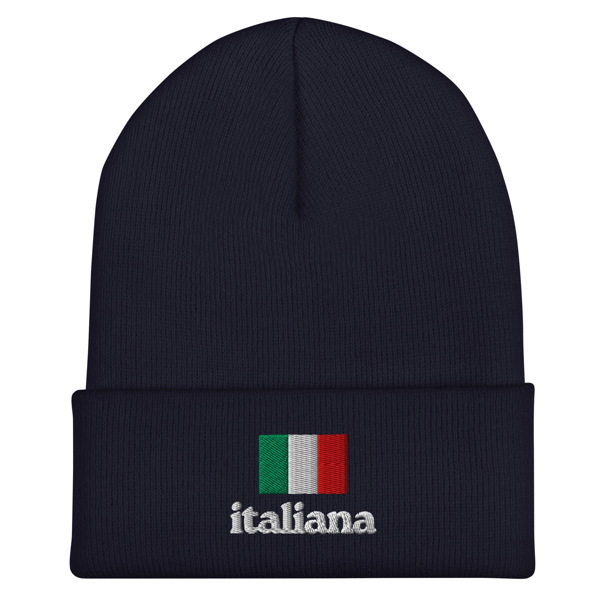 Navy knit cuffed beanie with embroidered Italian flag in green, white, and red colors above white embroidered text "italiana" in lowercase font