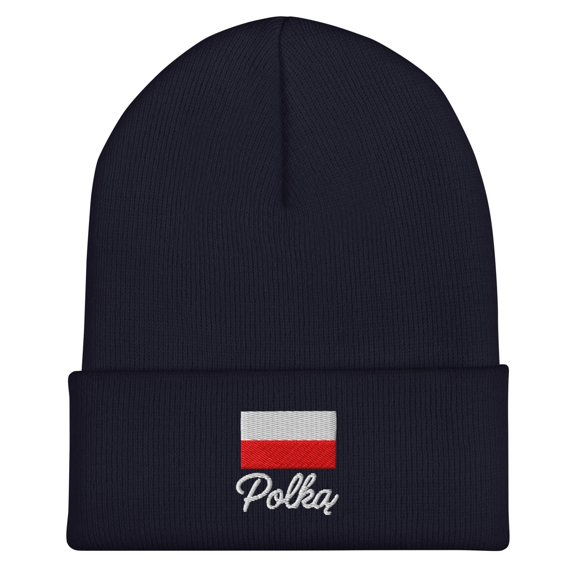 Navy Blue knit cuffed beanie with embroidered Polish flag in white and red colors above white embroidered text "Polka" in script font