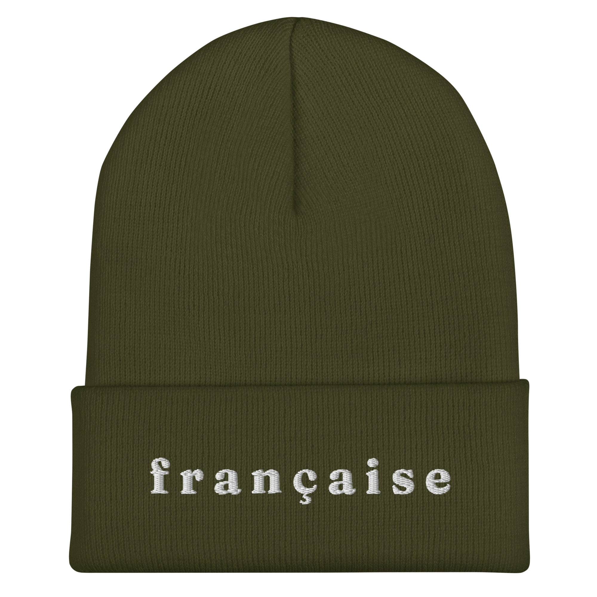 Olive Green knit cuffed beanie with white embroidered text "française" in lowercase serif font
