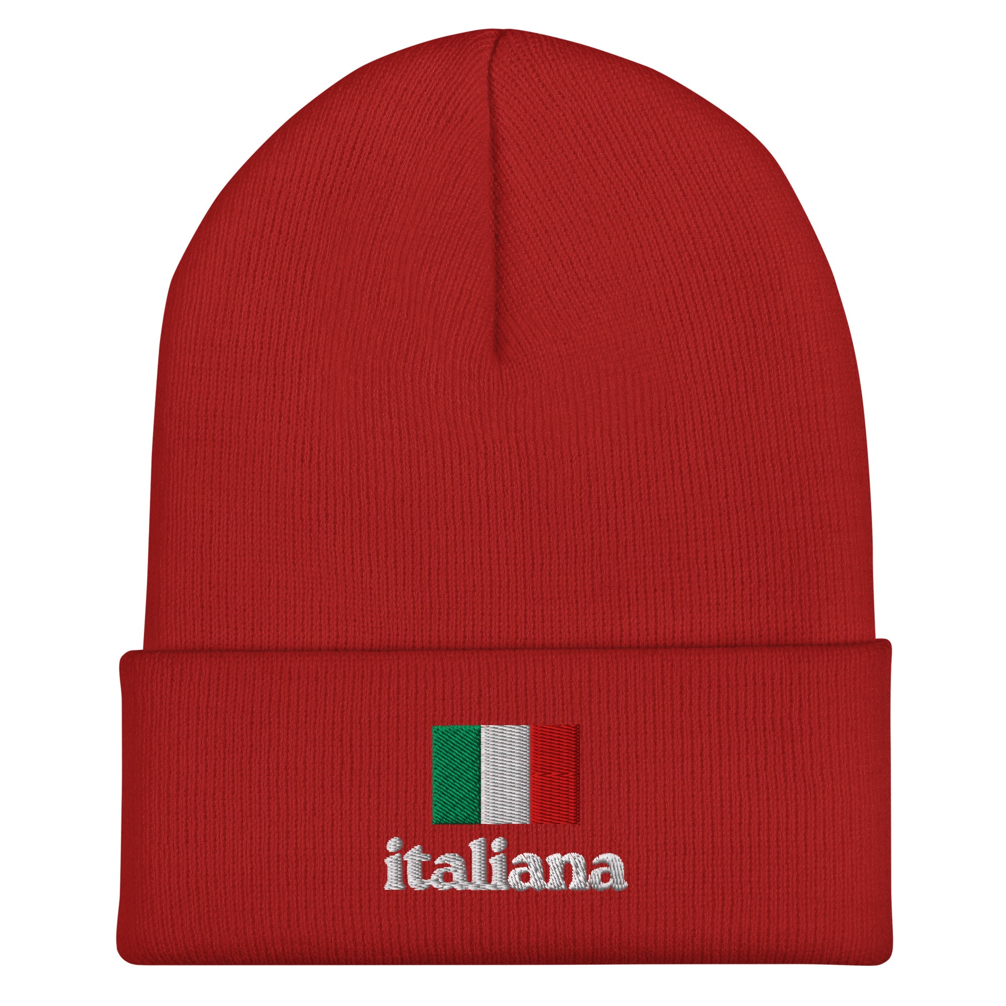 Red knit cuffed beanie with embroidered Italian flag in green, white, and red colors above white embroidered text "italiana" in lowercase font